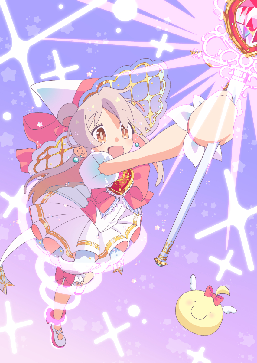 absurdres bow bowtie commentary_request dress frilled_dress frills grey_hair hat highres magical_girl mascot onii-chan_wa_oshimai! open_mouth oyama_mahiro pink_bow pink_bowtie shoes smile sparkle staff tanpaku_(oqu_2) witch_hat yellow_eyes