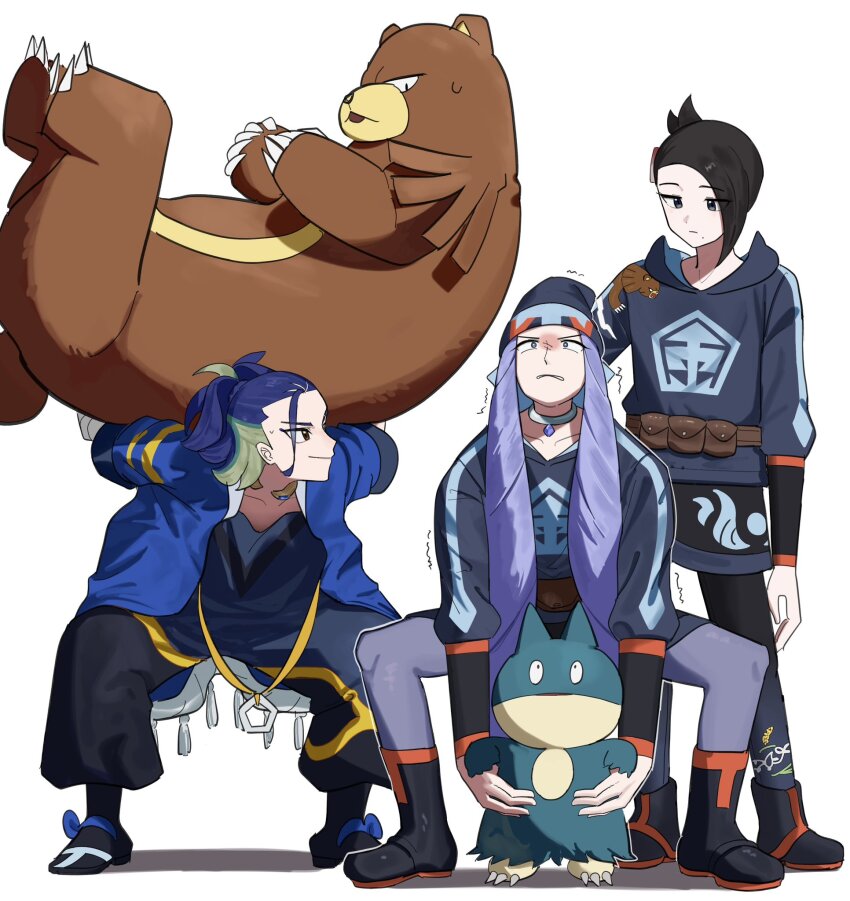 1girl 2boys adaman_(pokemon) black_boots black_hair black_skirt boots brown_bag carrying closed_mouth diamond_clan_outfit gen_2_pokemon gen_4_pokemon grey_pants highres holding holding_pokemon legs_apart looking_down loose_hair_strand mai_(pokemon) melli_(pokemon) multicolored_hair multiple_boys munchlax nintendo pants pokemon pokemon_(creature) pokemon_legends:_arceus purple_hair short_hair skirt smile squatting standing struggling trembling umebosi_nigame ursaring white_background