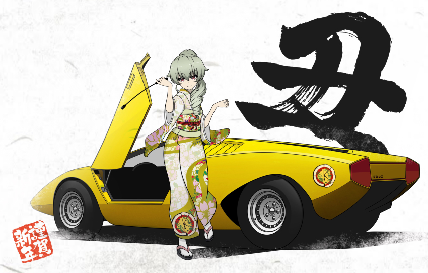 1girl absurdres alternate_hairstyle anchovy_(girls_und_panzer) anzio_(emblem) black_sandals brown_eyes car chinese_zodiac closed_mouth commentary drill_hair emblem floral_print full_body girls_und_panzer green_hair green_kimono hair_over_shoulder happy_new_year highres holding holding_riding_crop japanese_clothes japanese_text jumping kano_(nakanotakahiro1029) kimono lamborghini lamborghini_countach long_hair looking_at_viewer motor_vehicle new_year obi ponytail red_eyes riding_crop sandals sash shadow short_sleeves single_drill smile solo standing standing_on_one_leg tabi thighhighs translated twintails vehicle_focus white_thighhighs year_of_the_ox