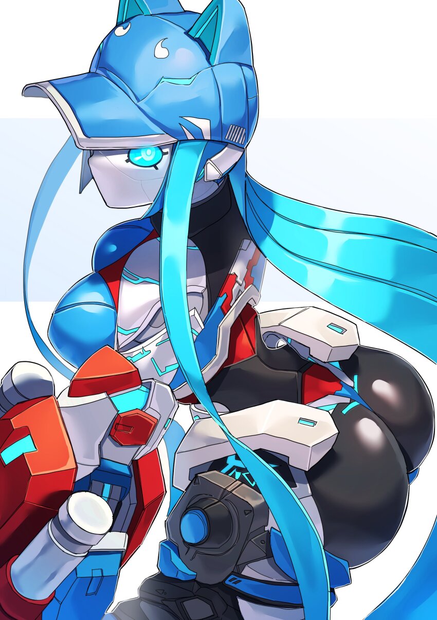1girl absurdres animal_ears armor ass baseball_cap blue_eyes blue_hair blue_hat breasts cat_ears commission glowing glowing_eyes hakidashi_11 hat highres hip_armor humanoid_robot jet_(jetngs) large_breasts long_hair long_sidelocks looking_at_viewer mechanical_arms no_mouth original phantasy_star phantasy_star_online_2 robot robot_girl second-party_source sidelocks skeb_commission solo white_background