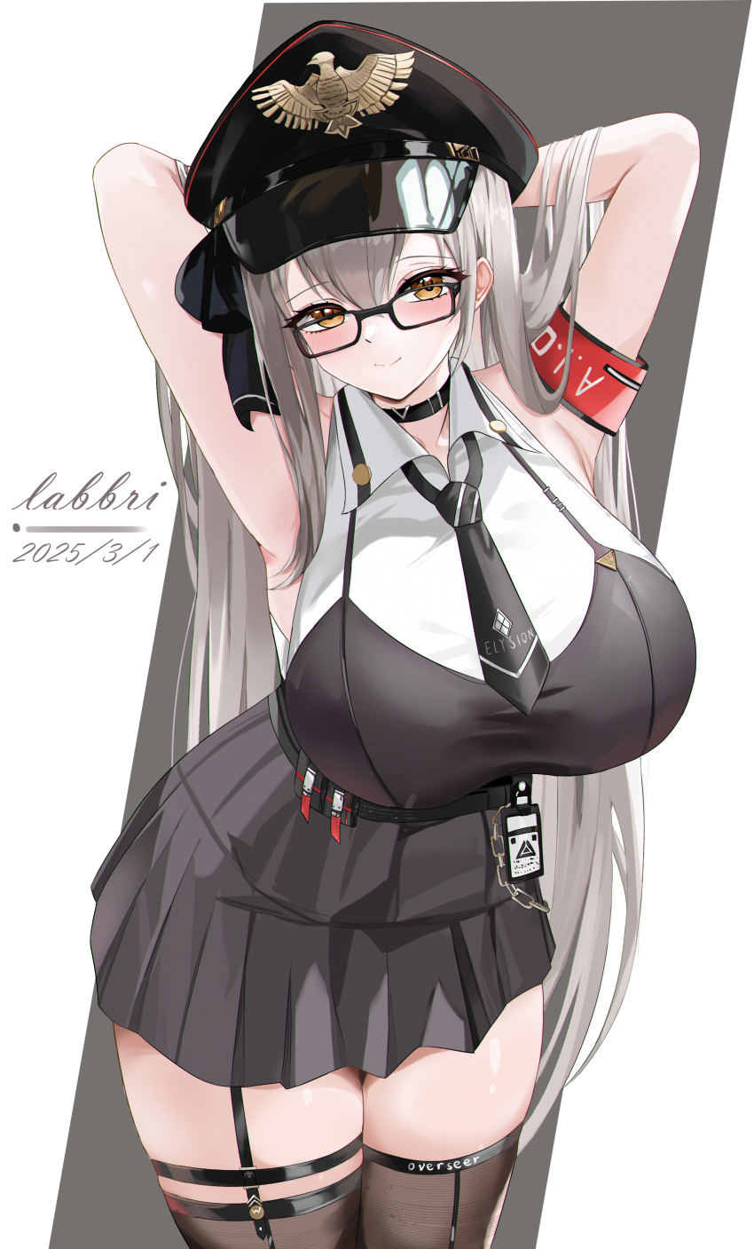 1girl absurdres armband armpits black_hat black_necktie black_skirt breasts chain character_request collar eyeri_(nikke) glasses goddess_of_victory:_nikke grey_hair hat highres labbri large_breasts light_smile long_hair necktie pleated_skirt presenting_armpit skirt solo thighs yellow_eyes