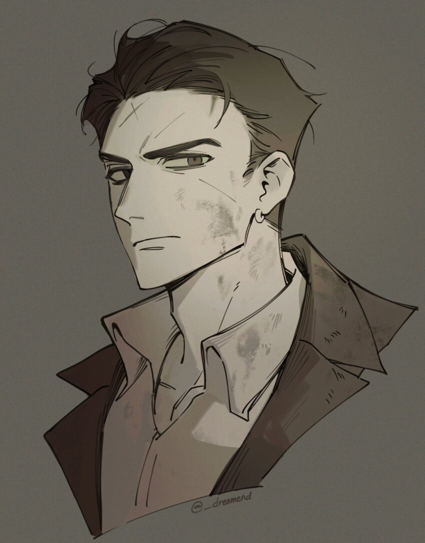 1boy black_coat black_eyes black_hair coat collarbone collared_shirt dirty dirty_face dreamend earrings grey_shirt greyscale hair_slicked_back highres hoop_earrings jewelry limbus_company looking_at_viewer loose_hair_strand male_focus meursault_(project_moon) monochrome portrait project_moon scar scar_on_face serious shirt solo