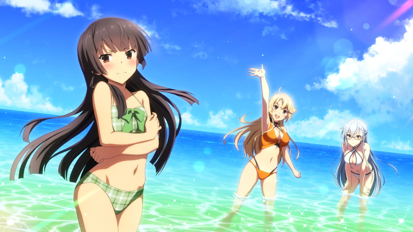 3girls arms_under_breasts arms_up bikini blonde_hair blue_eyes blue_sky blunt_bangs blunt_ends blush breast_envy breasts brown_hair cleavage closed_mouth cloud collarbone day frown game_cg glasses green_bikini grey_hair groin hime_cut juujou_hiyori kitora_mirja kohagura_ellen large_breasts leaning_forward long_hair looking_at_viewer multiple_girls navel ocean official_art open_mouth orange_bikini outdoors plaid_bikini plaid_clothes red_eyes sky small_breasts standing stomach swimsuit toji_no_miko toji_no_miko:_kizamishi_issen_no_tomoshibi v-shaped_eyebrows very_long_hair wading water white_bikini