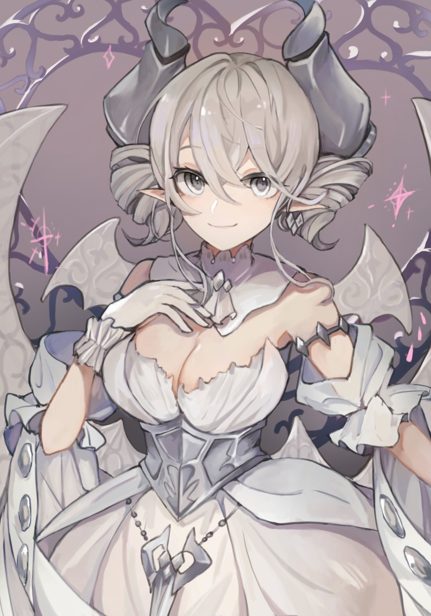 1girl armlet breasts cleavage closed_mouth demon_girl demon_horns demon_wings detached_collar dress drill_hair duel_monster earrings gloves grey_corset grey_eyes grey_hair highres horns jewelry large_breasts looking_at_viewer lovely_labrynth_of_the_silver_castle pointy_ears short_hair simple_background smile solo transparent_wings twin_drills user_tukt4745 white_dress white_gloves wings yu-gi-oh!