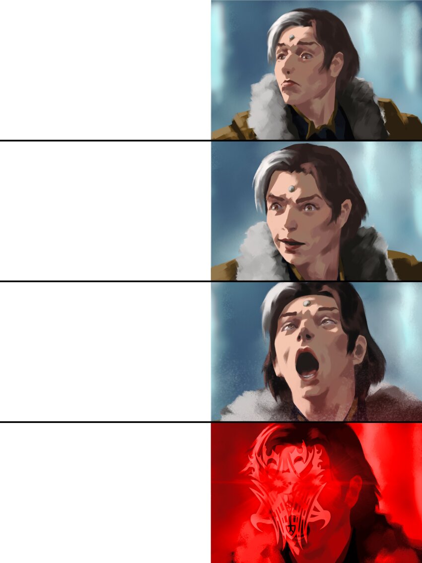 1boy absurdres ahegao ascian_glyph brown_eyes brown_hair emet-selch final_fantasy final_fantasy_xiv formtheheadcom garlean glowing glowing_eyes highres meme multicolored_hair open_mouth streaked_hair template vince_mcmahon_reaction_(meme)