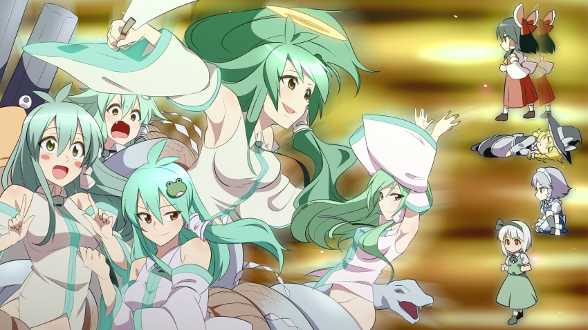 6+girls afterimage apron armpits arms_up black_hair blonde_hair blue_eyes blush bow braid brown_eyes brown_legwear chibi clenched_hand clenched_hands detached_sleeves exdeath fainting fang final_fantasy final_fantasy_v frog_hair_ornament green_hair grin hair_bow hair_ornament hair_ribbon hair_tubes hakurei_reimu halo hat highres izayoi_sakuya jeno kirisame_marisa kneeling kochiya_sanae konpaku_youmu long_hair maid_apron maid_headdress multiple_girls multiple_persona neo_exdeath open_mouth parody pillar pyonta ribbon shoes short_hair side_ponytail silver_hair simple_background smile snake socks touhou yellow_background yellow_eyes
