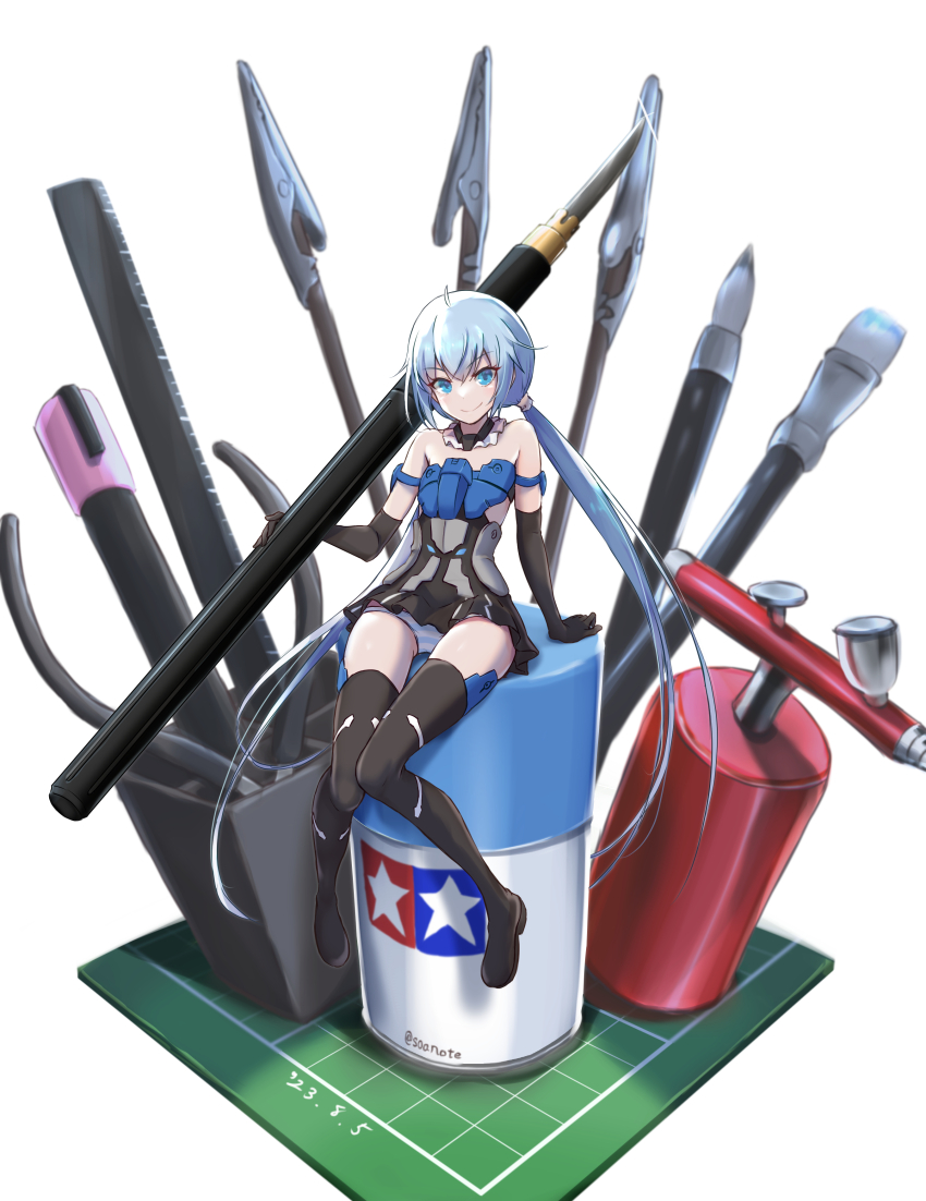 1girl absurdres bare_shoulders black_gloves black_skirt blue_eyes blue_hair boots choker dress elbow_gloves frame_arms_girl full_body gloves highres kotobukiya kotobukiya_bishoujo long_hair looking_at_viewer low_twintails mini_person minigirl panties pantyshot pen sitting skirt smile soanote solo strapless striped_clothes striped_panties stylet stylus thigh_boots thighhighs twintails underwear very_long_hair white_background white_panties