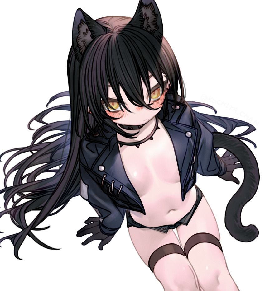 1girl animal_ears arknights black_gloves black_hair blush breasts dagda_(arknights) gloves highres jacket kochiya_(gothope) long_hair looking_at_viewer navel shorts simple_background sitting small_breasts solo tail thigh_strap white_background yellow_eyes