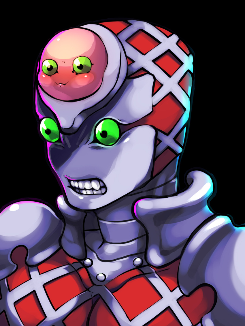 1other black_background clenched_teeth commentary_request green_eyes highres jojo_no_kimyou_na_bouken kamiura king_crimson_(stand) no_humans portrait solo stand_(jojo) teeth vento_aureo