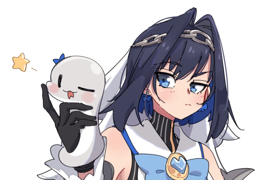 1girl ;3 anco_(platanity) bare_shoulders black_gloves black_hair blue_bow blue_bowtie blue_eyes blue_hair blush boros_(ouro_kronii) bow bow_earrings bowtie chain chain_headband cheek_squash colored_inner_hair commentary detached_sleeves earrings frown gloves hair_intakes heart-shaped_gem highres hololive hololive_english jewelry long_sleeves multicolored_hair one_eye_closed ouro_kronii ouro_kronii_(1st_costume) raised_eyebrow short_hair simple_background snake solo star_(symbol) tongue tongue_out two-tone_hair veil virtual_youtuber white_background white_snake wide_sleeves
