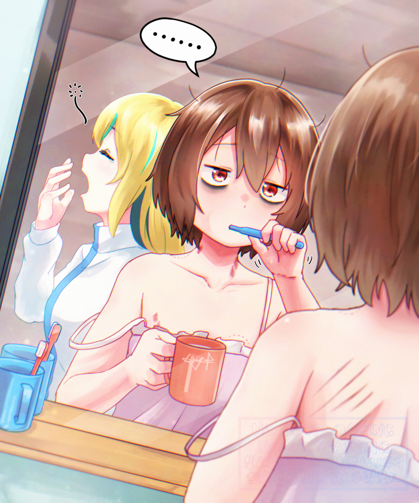 2girls absurdres bags_under_eyes bite_mark bite_mark_on_breast bite_mark_on_shoulder blonde_hair brown_hair brushing_teeth camisole chinese_commentary commentary_request cup green_eyes hair_between_eyes hickey highres holding holding_cup jacket kouzuki_mahiru mixed-language_commentary multicolored_hair multiple_girls mutsuki_(mutsuki0110) pink_camisole red_eyes scratches short_hair spaghetti_strap strap_slip streaked_hair white_jacket yamanouchi_kano yoru_no_kurage_wa_oyogenai yuri