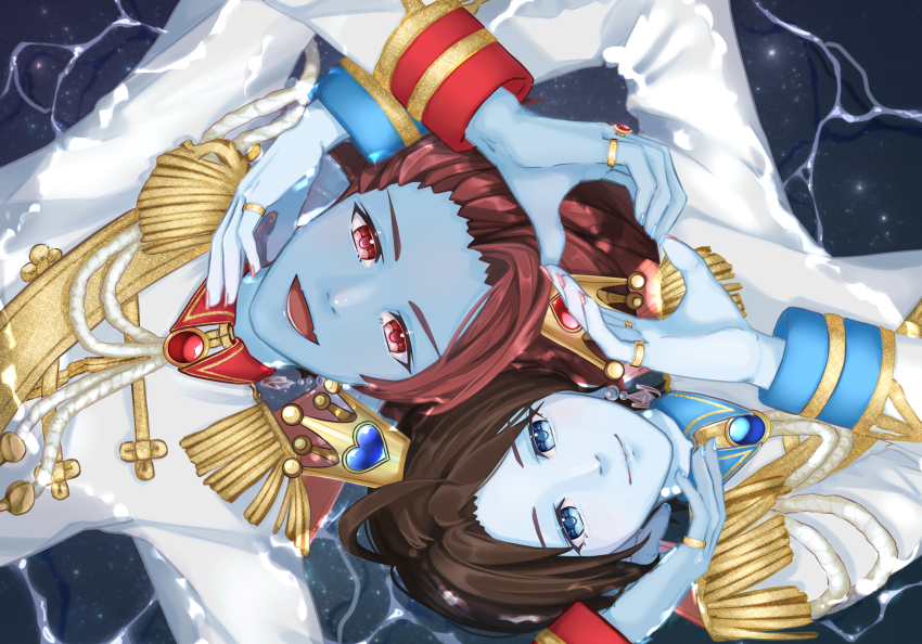 2boys :d absurdres ahoge androgynous arm_up blue_eyes blue_gemstone blue_nails blue_skin brooch brown_hair buttons cham_(user_mfgf5733) colored_skin commentary_request crown double-breasted dragon_quest dragon_quest_x earrings epaulettes fangs fins fish_boy from_above gem gold_ring gold_trim head_fins heart heart_hands heart_hands_duo highres jewelry looking_at_viewer looking_up lying male_focus mini_crown multiple_boys multiple_rings on_back open_mouth parted_hair pink_nails red_eyes red_gemstone red_hair ring shirt skin_fangs smile upper_body water weddie_(dq10) white_shirt