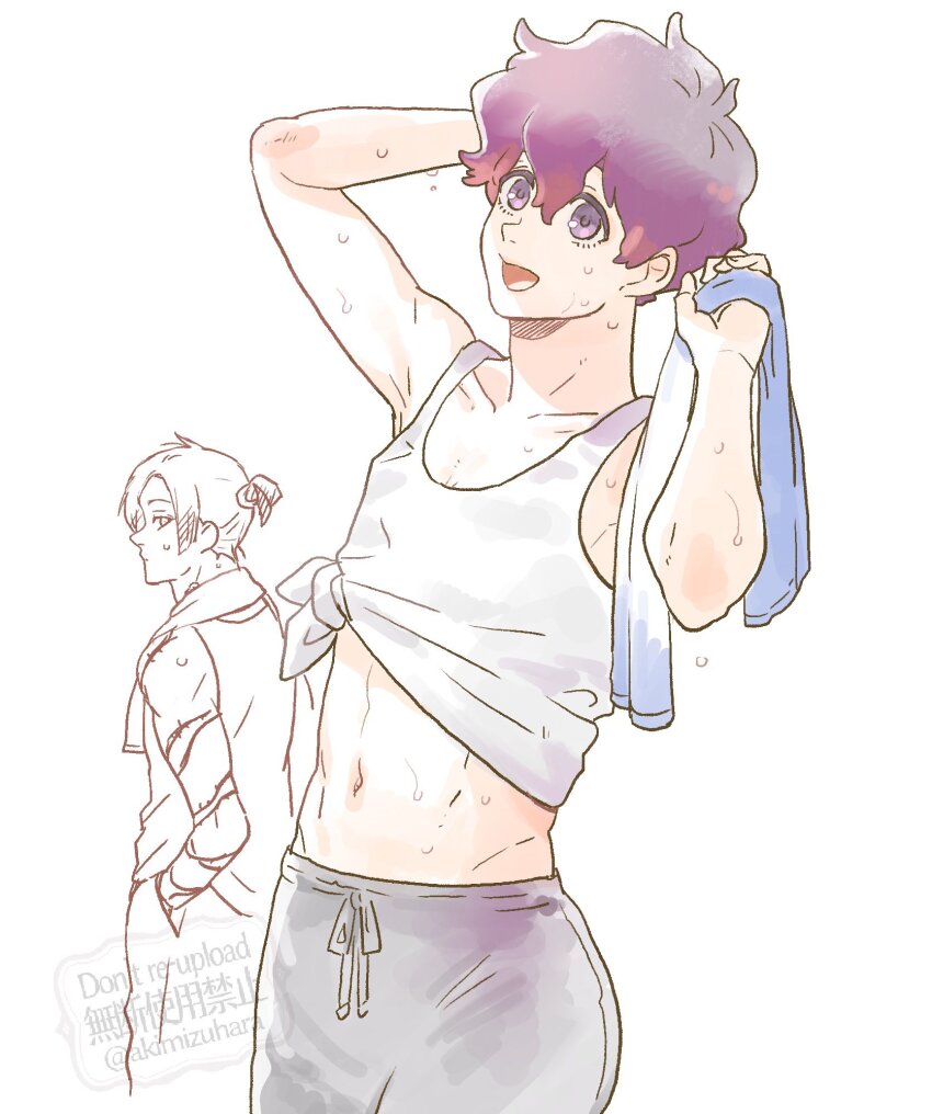 2boys alexis_ness blue_lock cowboy_shot highres holding holding_towel looking_at_viewer male_focus michael_kaiser mizuhara_aki multiple_boys navel open_mouth red_eyes red_hair shirt short_hair simple_background stomach sweat tank_top tied_shirt tongue towel white_background white_tank_top