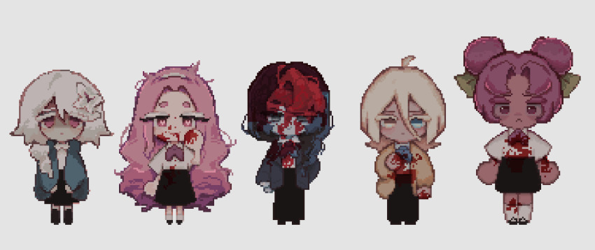 2boys 3girls blonde_hair blood blood_on_clothes blood_on_face blue_eyes chibi cookie_run cookie_run:_kingdom eternal_sugar_cookie full_body heterochromia highres hollyberry_cookie humanization long_hair long_sleeves looking_at_viewer multiple_boys multiple_girls parted_bangs pixel_art pure_vanilla_cookie school_uniform shadow_milk_cookie short_hair simple_background sourcream_zzz very_long_hair white_hair white_lily_cookie