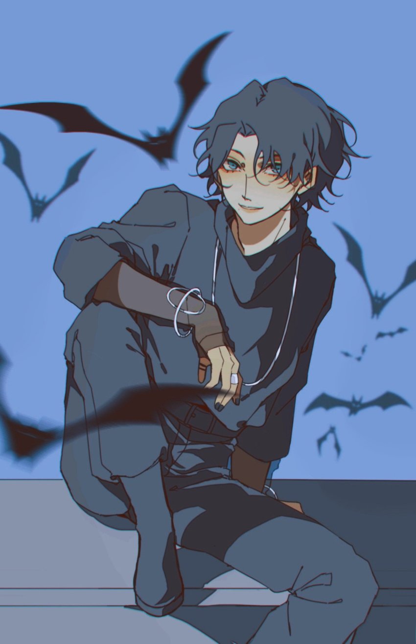 1boy adk-em aqua_eyes bandai bandai_namco bat_(animal) bishounen black_footwear black_hair black_nails black_pants blue_background crossed_arms cyuer11 flying goth_fashion highres ishimori_prod kagerou_(kamen_rider_revice) kamen_rider kamen_rider_revice knees_up long_sleeves looking_at_viewer male_focus nail_polish pants shoes short_hair simple_background toei_company tokusatsu tv_asahi