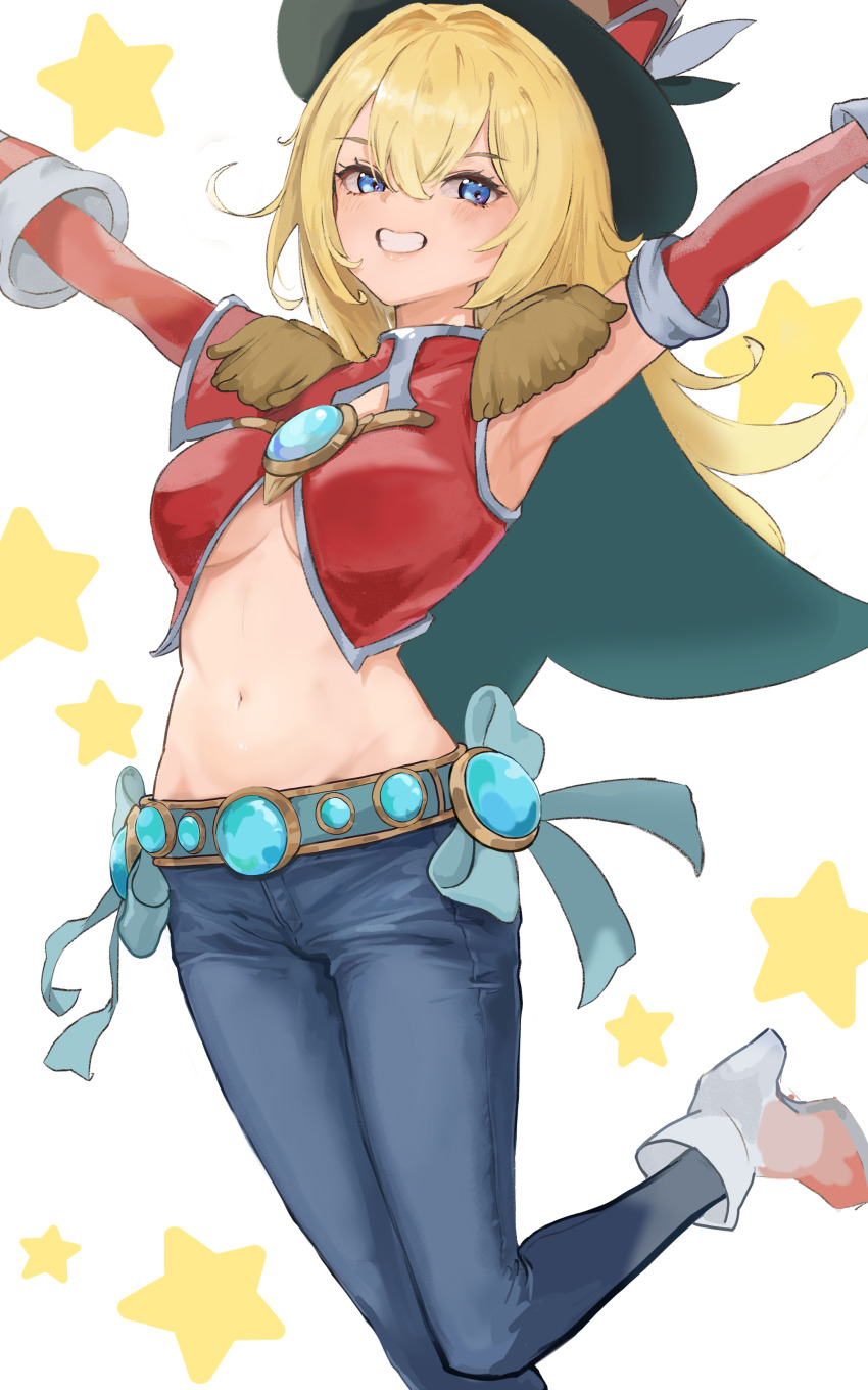 1girl absurdres armpits arms_up asymmetrical_sleeves blonde_hair breasts capelet crop_top denim grin hat highres jeans long_hair medium_breasts midriff navel nbee_ya pants pendulum_witch red_shirt shirt smile solo star_(symbol) top_hat underboob white_background yu-gi-oh!