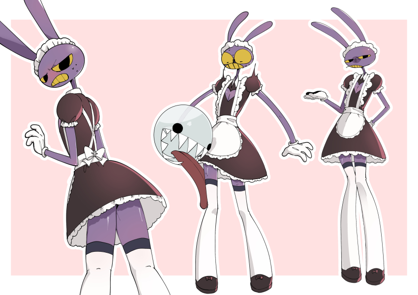 2boys absurdres alternate_costume animal_ears apron back_bow black_dress black_eyes black_footwear blush bow bubble bubble_(the_amazing_digital_circus) cleavage_cutout clenched_teeth clothing_cutout collared_dress colored_sclera colored_skin colored_teeth constricted_pupils cowboy_shot crossdressing dress footwear_bow frilled_apron frilled_dress frilled_sleeves frills full_body gloves hand_on_own_hip hand_up heart_cutout highres jax_(the_amazing_digital_circus) knees_together_feet_apart licking licking_leg looking_at_another looking_back looking_down maid maid_apron maid_headdress male_focus male_maid multiple_boys multiple_views puffy_short_sleeves puffy_sleeves purple_skin rabbit_boy rabbit_ears scowl shaded_face sharp_teeth shocked_pupils short_sleeves solo_focus standing sweat sweatdrop teeth the_amazing_digital_circus thighhighs tongue tongue_out waist_apron white_apron white_gloves white_thighhighs wide-eyed yellow_sclera yellow_teeth