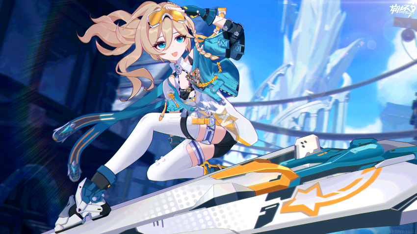 1girl absurdres black_shorts blonde_hair blue_eyes braid chinese_commentary commentary copyright_logo dress durandal_(honkai_impact) durandal_(reign_solaris)_(honkai_impact) fingerless_gloves full_body gloves goggles goggles_on_head green_gloves green_jacket hand_up highres honkai_(series) honkai_impact_3rd jacket long_hair open_mouth orange-tinted_eyewear ponytail shorts smile teili_(user_sstt2474) thighhighs tinted_eyewear white_dress white_thighhighs