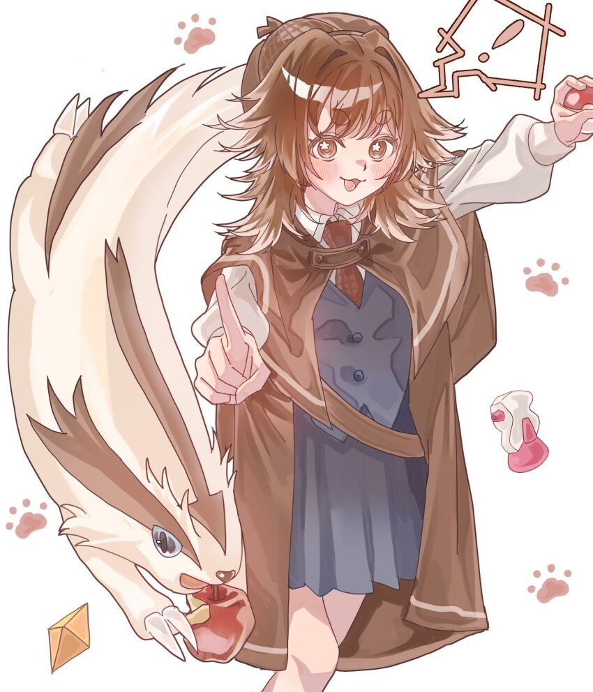 1girl :3 apple black_skirt black_vest brown_cloak brown_eyes brown_hair brown_hat cloak collared_shirt commentary crossover deerstalker dress_shirt emaaa_0228 feet_out_of_frame flower_in_eye food fruit gen_3_pokemon hair_intakes hasu_hasuha hat highres holding holding_food holding_fruit holding_poke_ball index_finger_raised kimi_no_koto_ga_dai_dai_dai_dai_daisuki_na_100-nin_no_kanojo linoone long_hair long_sleeves medium_skirt necktie nintendo ohananomitsu_middle_school_uniform open_mouth pleated_skirt poke_ball poke_ball_(basic) pokemon pokemon_(creature) potion_(pokemon) red_necktie revive_(pokemon) school_uniform shirt simple_background skirt standing symbol_in_eye thick_eyebrows vest white_background white_shirt