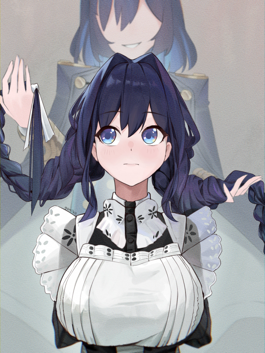 2girls absurdres apron black_dress blue_eyes blue_hair blush braid breasts closed_mouth colored_inner_hair commentary dress dual_persona embroidered_dress embroidery fanged_bangs film_grain hair_intakes highres hololive hololive_english large_breasts long_hair looking_to_the_side low_twin_braids maid maid_apron multicolored_hair multiple_girls official_alternate_costume official_alternate_hairstyle ouro_kronii ouro_kronii_(4th_costume) ouro_kronii_(maid) pink_lips puritan_collar shy simple_background smirk solo_focus twin_braids upper_body virtual_youtuber white_apron yureikaigan