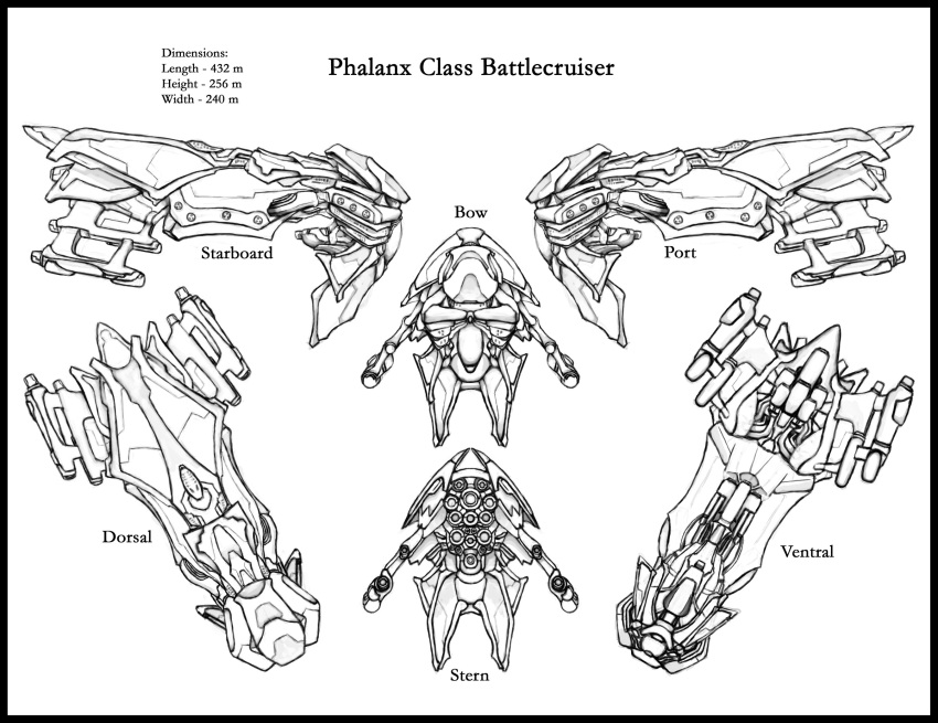 battlecruiser_(eve_online) blueprint_(medium) reference_sheet commentary concept_art eve_online from_side gallente_federation_(eve_online) highres lineart military_vehicle multiple_views no_humans original peacewise photoshop_(medium) science_fiction spacecraft thrusters vehicle_focus