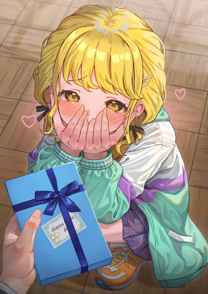 1boy 1girl absurdres blonde_hair blue_skirt blush box commentary_request covering_own_mouth fingernails fujita_kotone gakuen_idolmaster gift gift_box happy_white_day heart highres holding holding_box idolmaster indoors jacket looking_at_viewer multicolored_jacket orange_shoes plaid_clothes plaid_skirt shoes skirt sneakers squatting wari_sando white_day yellow_eyes