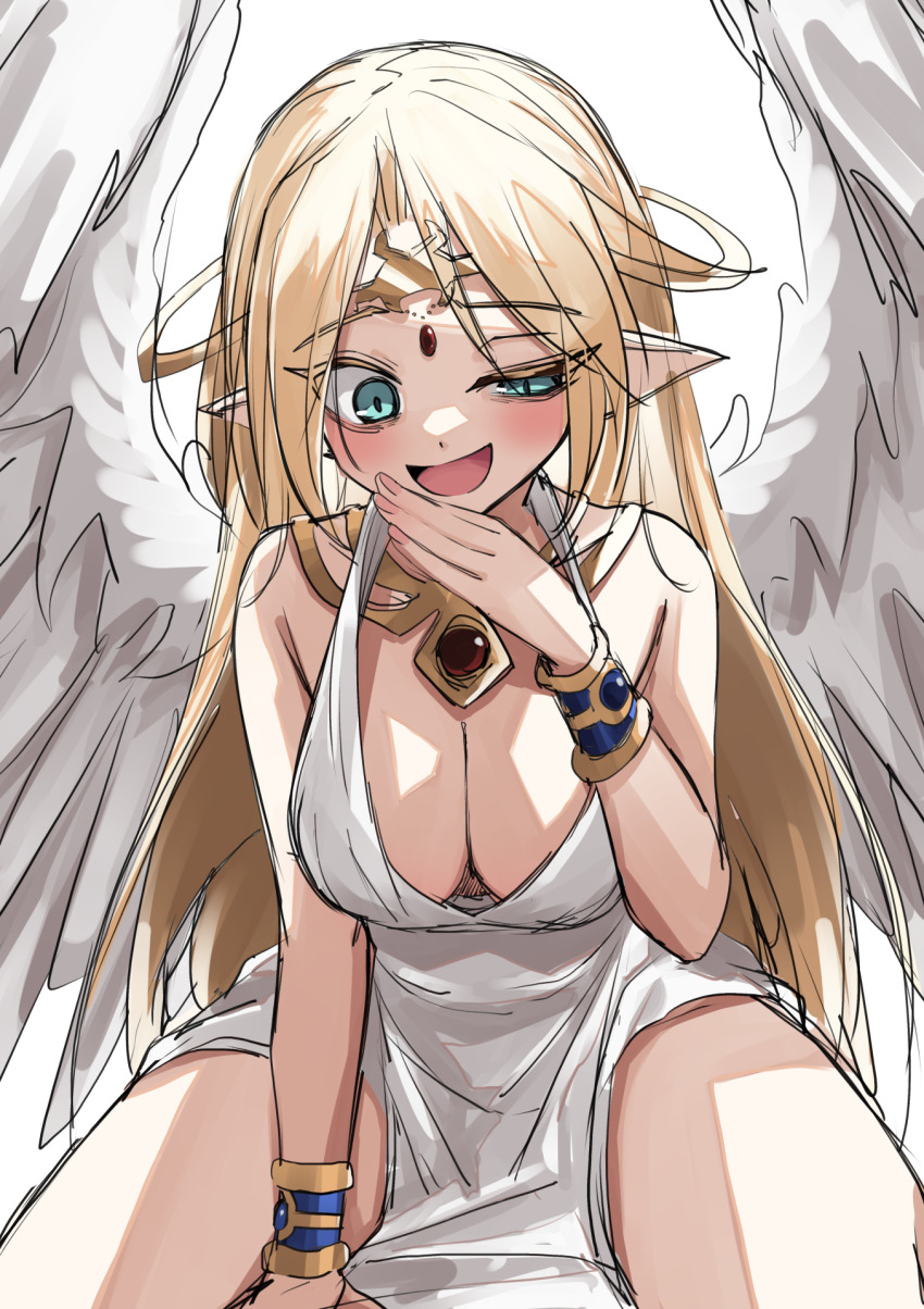 1girl :d angel angel_wings bare_arms bare_legs bare_shoulders blonde_hair blue_eyes blush bracelet breasts circlet cleavage commentary_request dress feathered_wings gesugao gold_circlet hand_to_own_mouth highres ilias jewelry large_breasts long_hair looking_at_viewer momendoufu mon-musu_quest! open_mouth pelvic_curtain pointy_ears simple_background smile solo uneven_eyes very_long_hair white_background white_dress white_wings wings