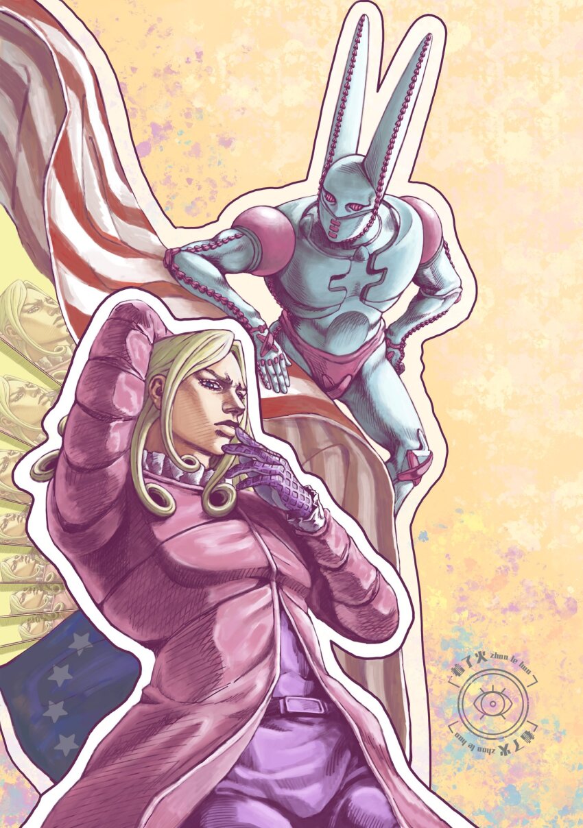 1boy 1other american_flag animal_ears blonde_hair blue_eyes blue_skin coat colored_skin curly_hair dirty_deeds_done_dirt_cheap funny_valentine gloves highres jojo_no_kimyou_na_bouken long_coat long_hair mammonmoney mask mouth_mask outline panties pants pink_coat pink_eyes pink_panties purple_gloves purple_pants purple_shirt rabbit_ears shirt stand_(jojo) steel_ball_run underwear white_outline