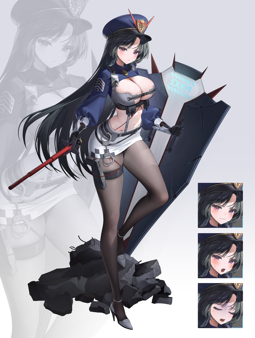 1girl baton_(weapon) black_gloves black_hair black_pantyhose blue_hat blush breasts closed_eyes closed_mouth commentary cuffs expandable_baton faux_figurine floating_hair full_body gloves grey_shoes gun handcuffs handgun hat high_heels highres holding_baton_(weapon) holster holstered id_card large_breasts long_hair long_sleeves miniskirt mole mole_on_breast multiple_expressions navel open_mouth original pantyhose peaked_cap pencil_skirt pink_eyes police police_badge police_hat police_uniform policewoman pouch puffy_long_sleeves puffy_sleeves riot_police riot_shield shield shoes shrug_(clothing) skirt small_sweatdrop standing strappy_heels suspender_skirt suspenders tearing_up thigh_holster thigh_strap turn_pale v-fin very_long_hair weapon white_skirt zhu_yin_(mannermana)