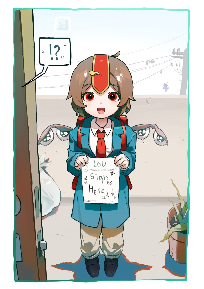 ! !? 1other ? aged_down ahoge androgynous apartment backpack bag blue_coat blue_sky border brown_hair brown_pants brown_shoes business_suit chick_hair_ornament child coat collared_coat collared_shirt commentary_request crying day debt dot_nose dress_pants dress_shoes english_text eye_of_senri eyelashes favnvs_(s910a_ib6) formal_clothes full_body gradient_sky hair_ornament hairclip happy headgear heart highres holding holding_paper kokutenshi_hibaru lapels layered_sleeves len&#039;en long_sleeves looking_at_viewer necktie notched_lapels open_mouth other_focus outdoors pants paper plant potted_plant pov power_lines red_bag red_eyes red_necktie shadow shirt shoes short_hair sky sleeves_past_wrists smile solo spoken_exclamation_mark spoken_question_mark standing star_(symbol) straight-on suit sweat tears trash_bag white_border white_shirt white_sky wings