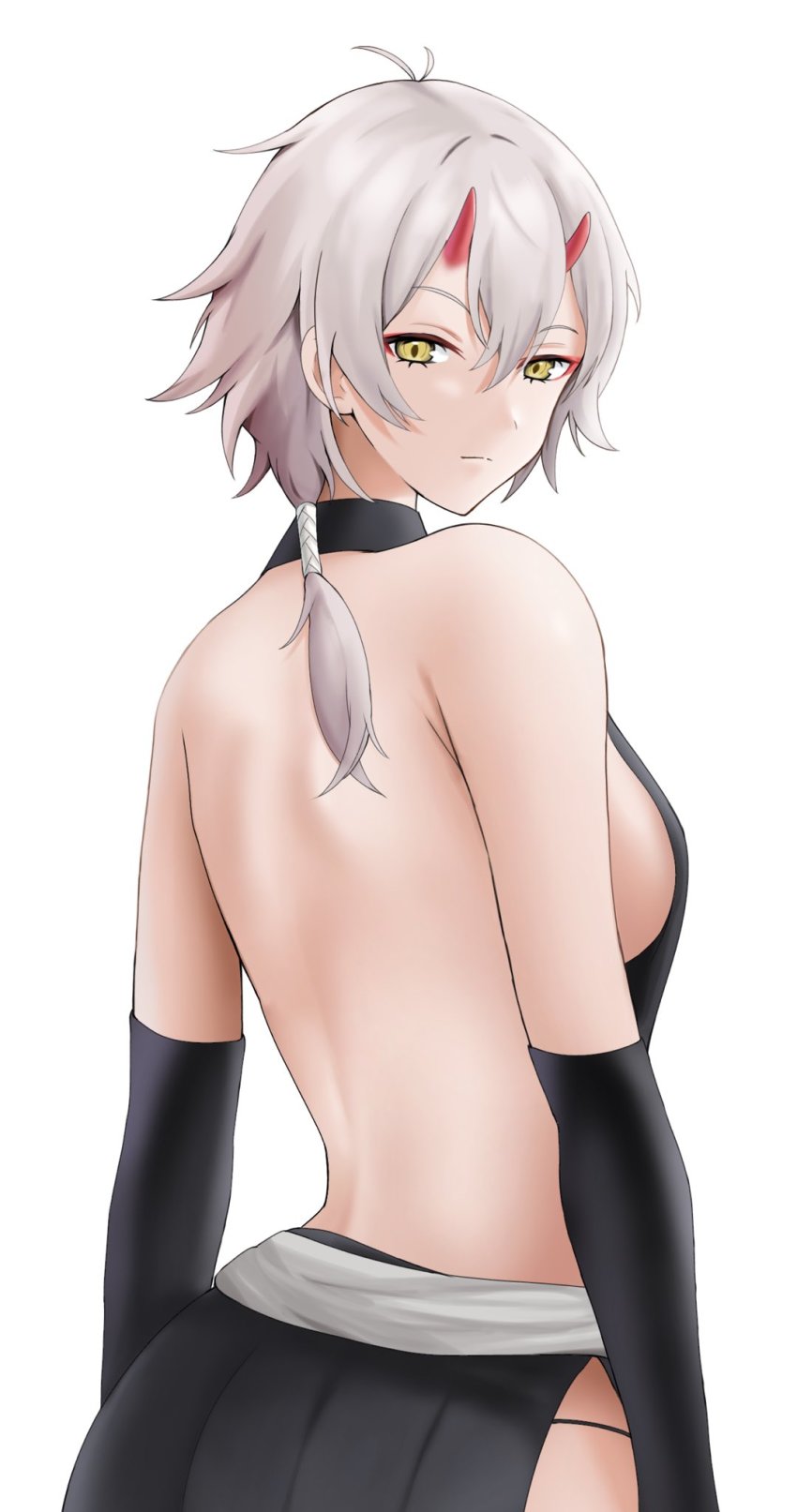 1girl azur_lane backless_outfit banba_(jakqbigone) bare_back bare_shoulders black_gloves character_request commentary_request gloves highres horns kinu_(azur_lane) long_hair looking_at_viewer simple_background solo upper_body white_background white_hair yellow_eyes