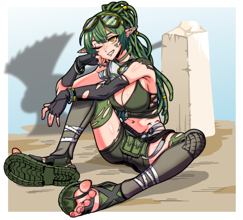 1girl absurdres arknights dreadlocks feet ga320aaa gavial_(arknights) green_hair grin highres long_hair looking_at_viewer one_eye_closed pointy_ears smile soles toes yellow_eyes