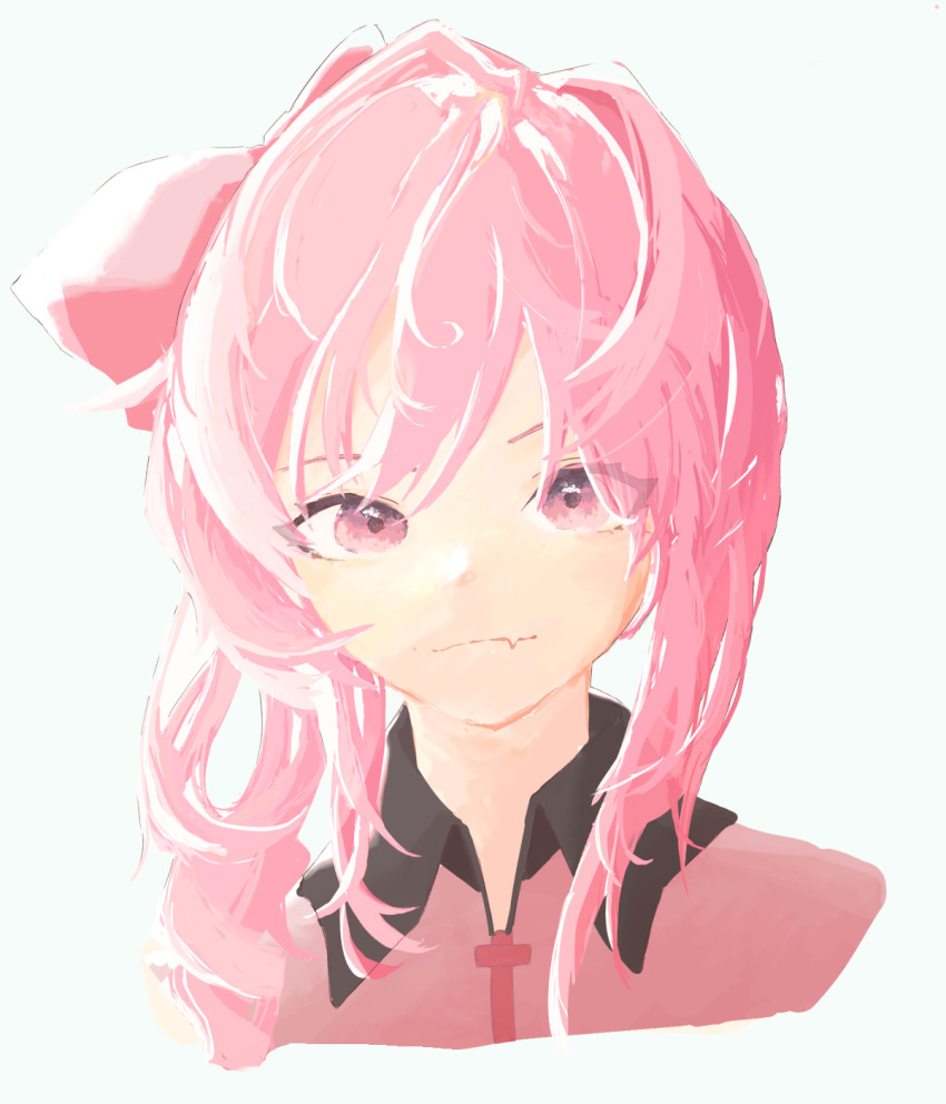 1girl bow closed_mouth collared_shirt commentary_request cookie_(touhou) fang hair_bow highres long_hair looking_at_viewer pink_bow pink_eyes pink_hair pink_shirt portrait sasorihime_(cookie) shirt simple_background skin_fang smile solo upper_body white_background whiterolo