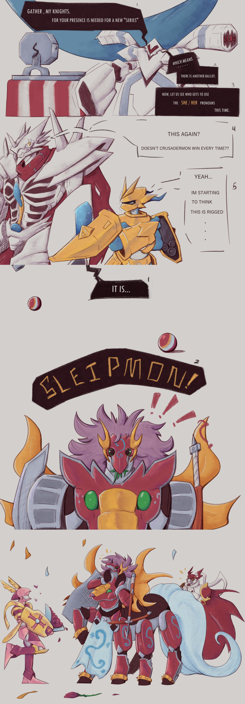 absurdres armor cape digimon digimon_(creature) dukemon floating full_armor green_eyes highres lordknightmon purple_hair sleipmon tail wings yggdrasill_(digimon) yggdrasill_7d6