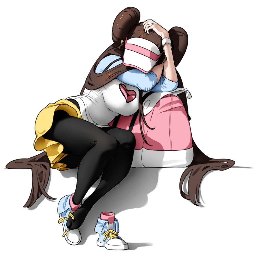 1girl 987645321o backpack bag black_pantyhose blue_shirt blue_shoes breasts brown_hair covering_face double_bun full_body hair_bun hair_spread_out highres korean_commentary laces large_breasts long_hair multicolored_shoes nintendo pantyhose pink_bag pink_shoes pokemon pokemon_bw2 print_shirt rosa_(pokemon) shirt shoes simple_background single_shoe skirt sneakers solo twintails two-tone_bag two-tone_shirt unworn_shoes very_long_hair visor_cap white_background white_bag white_shirt white_shoes wristband yellow_skirt