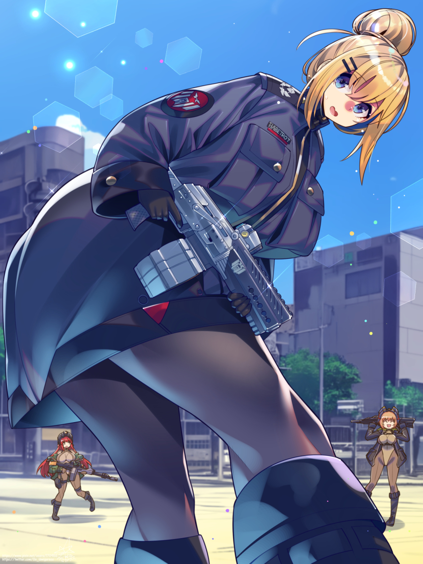 3girls :d ^_^ assault_rifle belt black_boots black_pantyhose blonde_hair blue_eyes blue_sky bodysuit boots breast_strap breasts brown_bodysuit brown_hair brown_leotard brown_pantyhose brownie_(last_origin) building chest_strap city clear_sky closed_eyes day drum_magazine gloves goggles goggles_on_head gun habetrot_(last_origin) hair_between_eyes hair_bun hair_ornament hairclip hat heavy_machine_gun highres hime_cut holding holding_gun holding_weapon impossible_clothes impossible_leotard jacket lamppost large_breasts last_origin leotard leprechaun_(last_origin) light_particles long_hair looking_at_viewer looking_back machine_gun magazine_(weapon) military_hat multiple_girls non-circular_lens_flare open_mouth outdoors oversized_jacket pantyhose red_eyes red_hair rifle short_hair sidelocks single_hair_bun skin_tight sky skyscraper smile sparkle standing standing_on_one_leg umigarasu_(kitsune1963) underbust utility_belt very_long_hair weapon