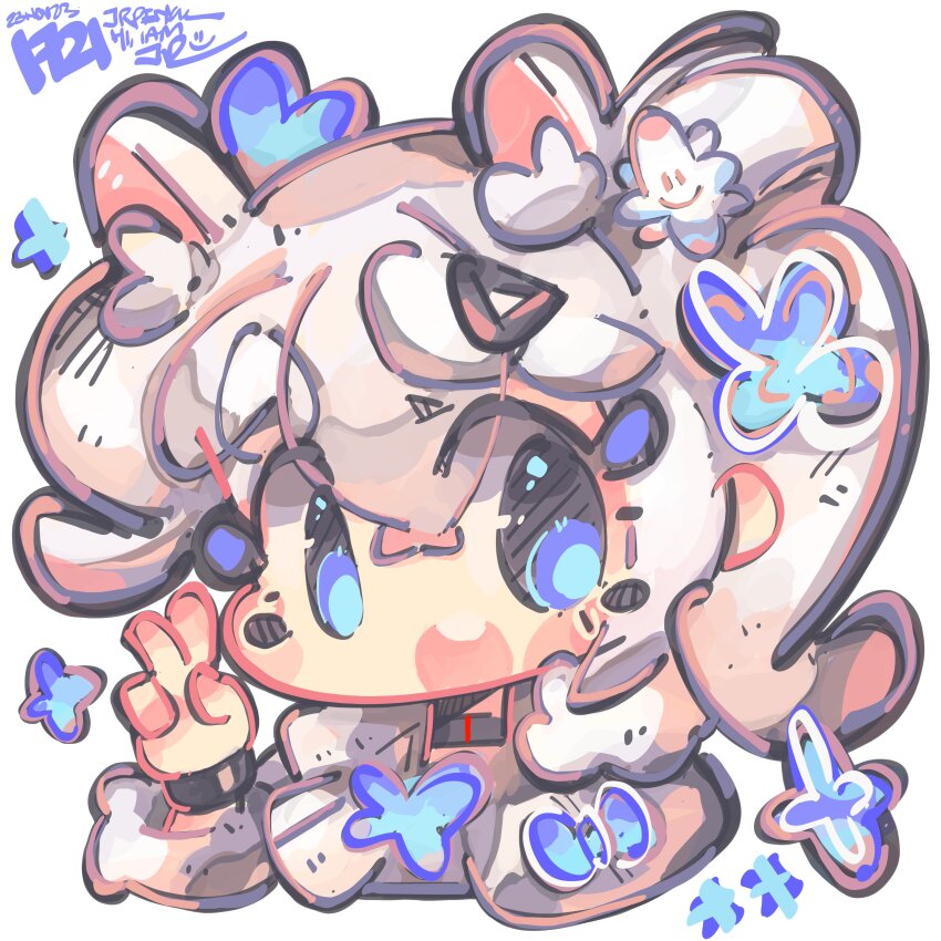 1girl :d absurdres animal_ears blue_eyes blush_stickers butterfly_hair_ornament chibi dated fur-trimmed_sleeves fur_trim goddess_of_victory:_nikke hair_between_eyes hair_ornament highres jacket jrpencil long_hair n102_(miracle_fairy)_(nikke) n102_(nikke) official_alternate_costume open_mouth short_twintails signature smile solo twintails v white_hair white_jacket