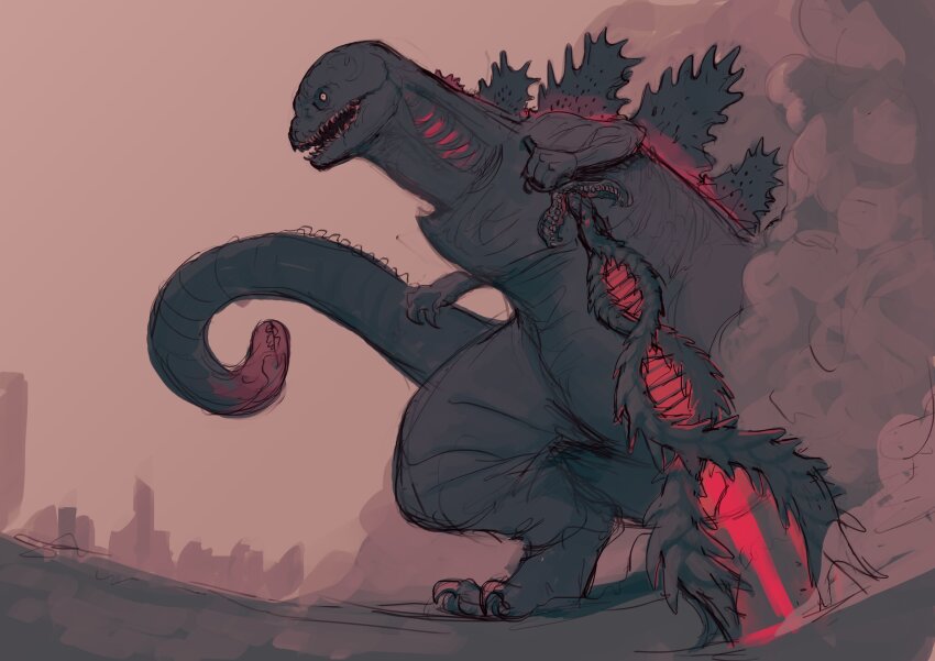 absurdres bioluminescence claws commentary double_helix english_commentary flat_color giant giant_monster gills glowing godzilla godzilla_(series) godzilla_(shin) grey_theme highres holding holding_sword holding_weapon huge_weapon kaiju lizard monster multiple_heads outdoors planted planted_sword planted_weapon red_light ruins sharp_teeth shin_godzilla sketch skyline smoke snake_head_tail spines steel_neck sword tail teeth toho weapon