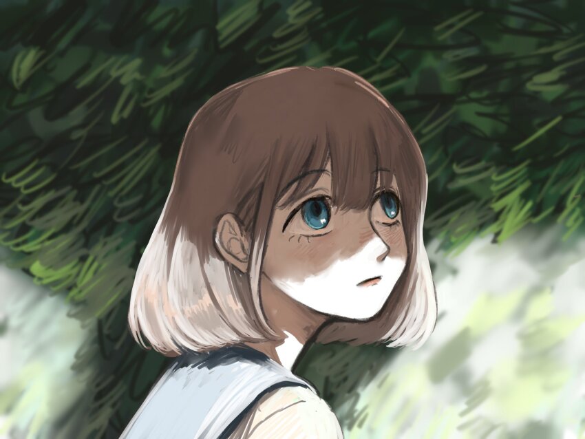 1girl blue_eyes blush brown_hair closed_mouth expressionless foliage from_side highres idolmaster idolmaster_shiny_colors looking_up portrait sailor_collar serizawa_asahi shade short_hair solo yamaichi_(yama3ichi4)