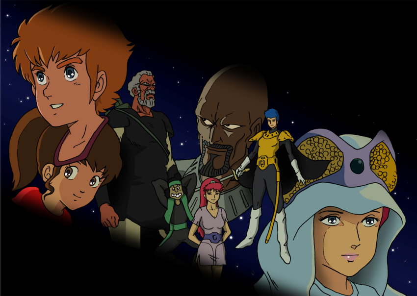 1980s_(style) armor bald black_hair blue_eyes blue_hair brown_eyes brown_hair character_request chururu felia_vorder high_schultatte highres hilmuka jordy_vorder kensuke_(55) kikou-kai_galient mardoul multiple_boys multiple_girls retro_artstyle red_hair retro_artstyle sword weapon
