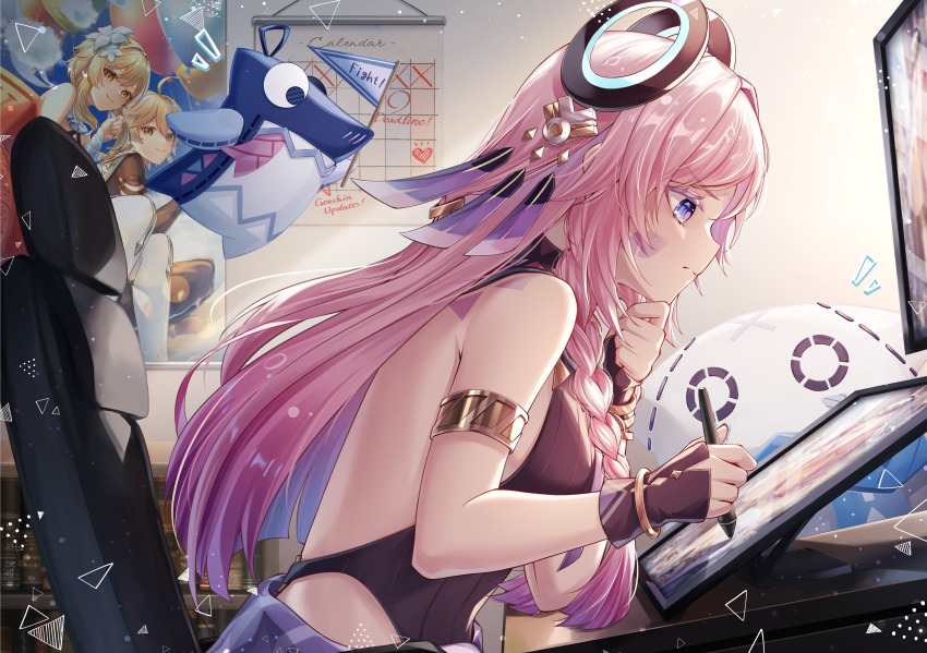 1girl absurdres aether_(genshin_impact) armlet backless_leotard bare_shoulders black_gloves black_leotard blue_eyes braid breasts calendar_(object) chair citlali_(genshin_impact) citlalin_(genshin_impact) closed_mouth commentary_request drawing_tablet facial_mark fingerless_gloves floating_headgear from_side genshin_impact gloves gradient_hair headgear highres holding holding_pen indoors itzpapa_(genshin_impact) jewelry leotard long_hair lumine_(genshin_impact) medium_breasts multicolored_hair pen pink_hair pink_pupils poster_(object) sitting solo thinking yuno_kaihara