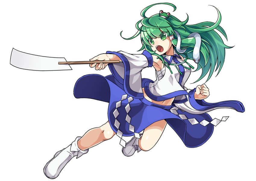 1girl boots detached_sleeves female_focus frog_hair_ornament full_body gohei green_eyes green_hair hair_ornament hair_tubes japanese_clothes kochiya_sanae kozakura_(dictionary) long_hair long_sleeves looking_away matching_hair/eyes midriff miko navel oonusa open_mouth outstretched_arm sarashi shirt skirt snake_hair_ornament solo star_(symbol) touhou white_background wide_sleeves