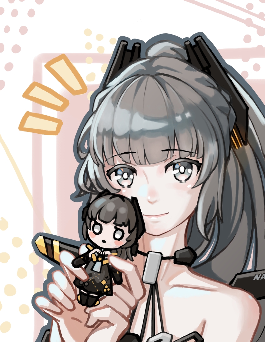 1girl absurdres bare_shoulders black_dress bob_cut character_doll closed_mouth doll dress grey_eyes grey_hair headgear highres holding holding_doll long_hair looking_at_viewer mechanical_arms mechanical_legs nanami:_pulse_(pgr) nanami_(pgr) ponytail punishing:_gray_raven sidelocks sleeveless sleeveless_dress smile trashpanda_11b