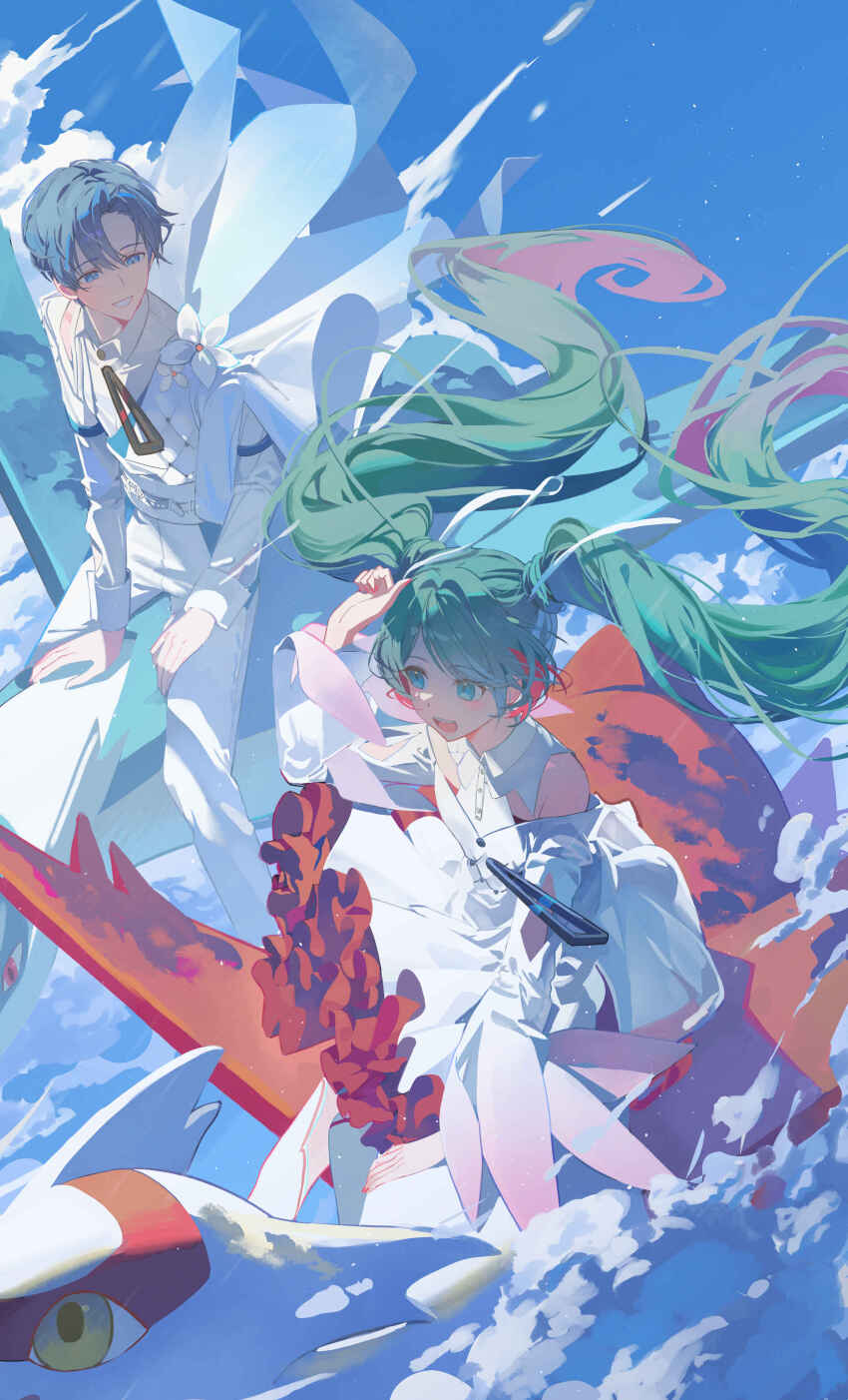 1boy 1girl absurdres aqua_eyes bare_shoulders belt blue_eyes blue_hair blue_sky buttons cape clothing_cutout cloud cloudy_sky collared_dress crossover dress floating_hair flower gen_3_pokemon green_hair grin hatsune_miku highres jacket kaito_(vocaloid) latias latios legendary_pokemon long_hair long_sleeves mugen_no_ticket_(vocaloid) nintendo nun_nu open_mouth pants petticoat pokemon pokemon_(creature) project_voltage red_nails red_petticoat riding riding_pokemon short_hair sky sleeve_cuffs smile teeth twintails upper_teeth_only very_long_hair very_short_hair vocaloid white_belt white_cape white_dress white_flower white_jacket white_pants white_sleeve_cuffs wind