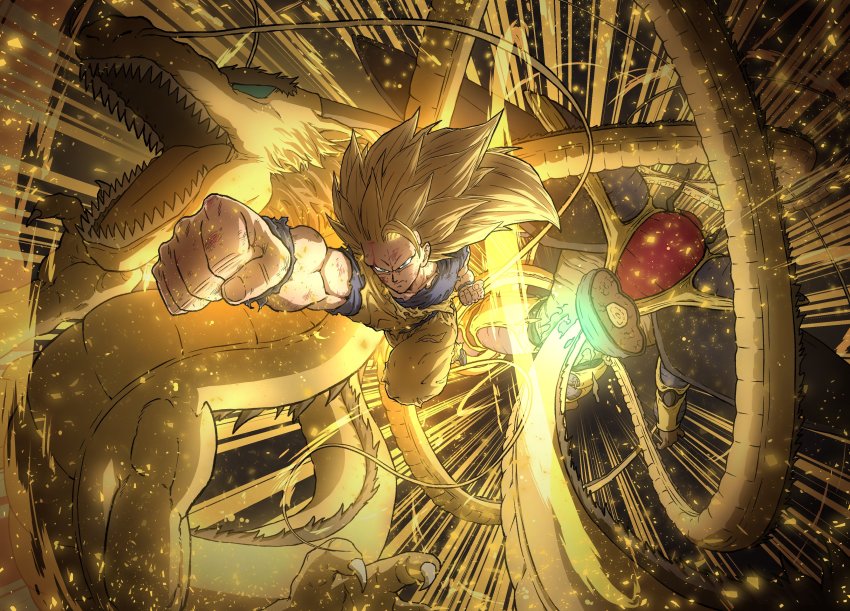 absurdres bakarott battle blonde_hair blood blurry bruise clenched_hands depth_of_field dougi dragon dragon_ball dragon_fist dragonball_z eastern_dragon highres hirudegarn injury long_hair male_focus monster no_eyebrows punching serious son_goku spiked_hair super_saiyan super_saiyan_3 torn_clothes