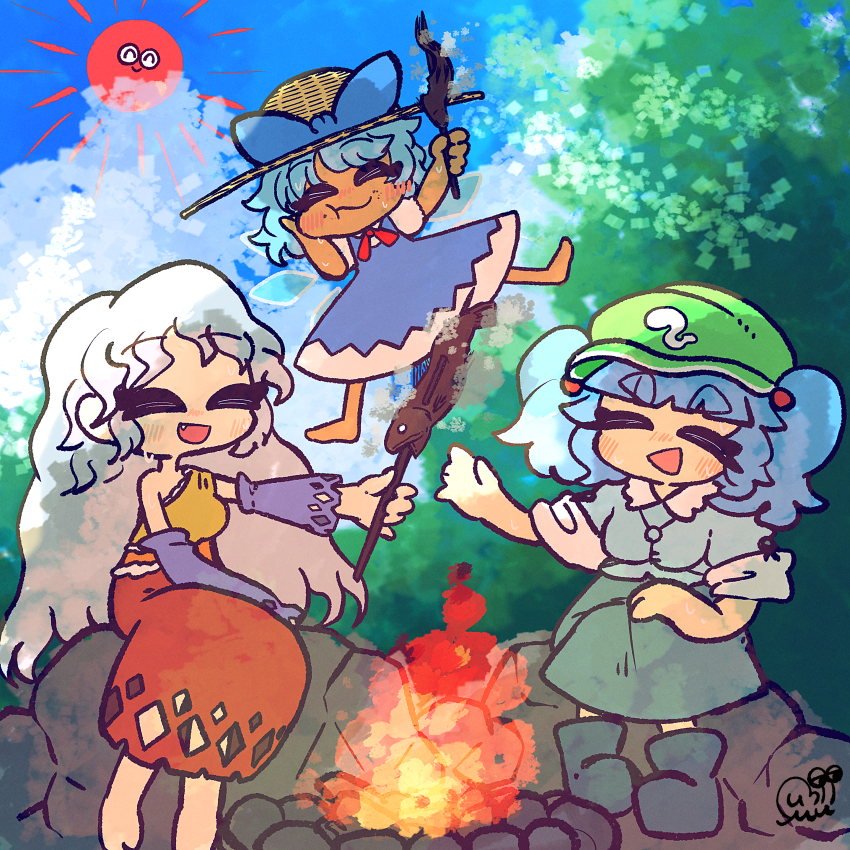3girls :d absurdres barefoot blue_dress blue_footwear blue_hair blue_shirt blue_skirt blue_sky blush boots bow cabbie_hat campfire cirno closed_eyes closed_mouth cloud collared_shirt comiket_104 commentary_request detached_sleeves dress eating fang fire fish full_body green_hat grey_hair hair_bobbles hair_ornament hat hat_bow highres ice ice_wings jewelry kawashiro_nitori key key_necklace long_hair muimui_(4242564muimui) multiple_girls necklace open_mouth pinafore_dress puffy_short_sleeves puffy_sleeves purple_sleeves red_skirt rubber_boots sakata_nemuno shirt short_hair short_sleeves single_strap skirt skirt_set sky sleeveless sleeveless_dress smile sun sun_hat touhou two_side_up white_shirt wings
