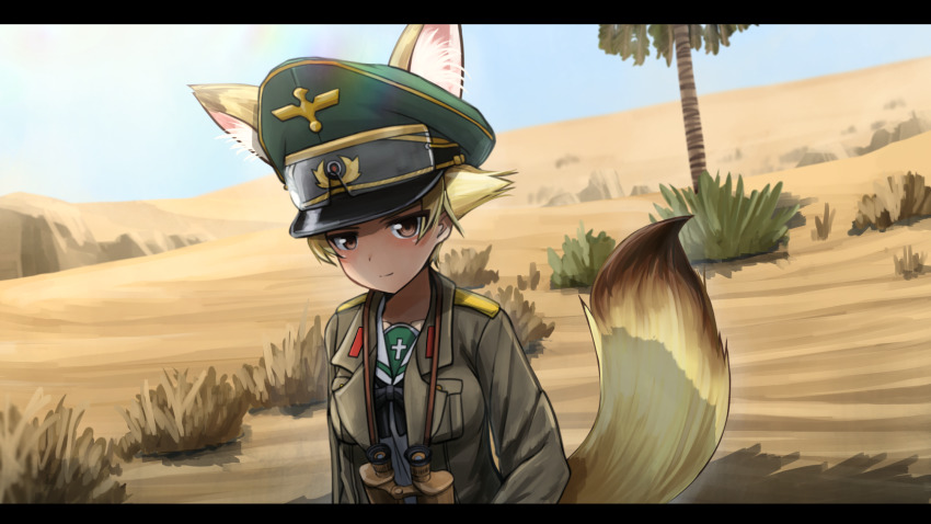 1girl animal_ear_fluff animal_ears blonde_hair blue_sky brown_eyes day desert erwin_(girls_und_panzer) fox_ears fox_tail girls_und_panzer goggles goggles_around_neck goggles_on_headwear green_hat hat highres jacket kk90 letterboxed long_sleeves military_jacket ooarai_military_uniform outdoors palm_tree peaked_cap pointy_hair short_hair sky solo tail tree