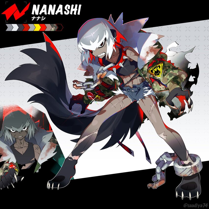 1boy animal_feet animal_hands badger_boy badger_ears badger_tail barcode barcode_tattoo black_eyes camouflage camouflage_jacket chain chain_leash character_name reference_sheet claws clenched_teeth collar color_guide colored_tips commentary_request crop_top cuffs dark-skinned_male dark_skin full_body fur-trimmed_collar fur-trimmed_jacket fur_trim glint green_jacket grey_background grey_hair highres jacket leash long_sleeves looking_at_viewer male_focus monster_boy multicolored_hair multiple_views original red_pupils saadiya74 scar scar_on_leg scar_on_shoulder shackles sharp_teeth short_hair short_shorts shorts spiked_collar spikes standing tattoo teeth torn_clothes white_hair