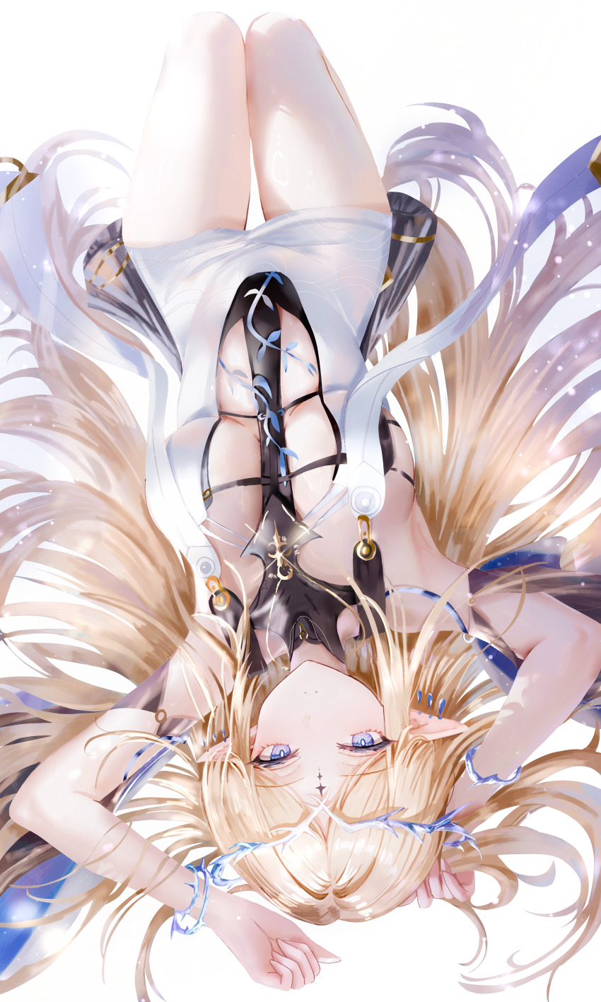 1girl absurdres age_fx arms_up bare_shoulders black_collar black_dress blonde_hair blue_eyes breasts cartethyia_(wuthering_waves) chinese_commentary collar commentary_request crown_of_thorns dress earrings from_above hair_spread_out highres jewelry knees_up long_hair looking_at_viewer lying medium_breasts necklace on_back parted_bangs parted_lips pointy_ears sidelocks solo tabard tacet_mark_(wuthering_waves) thighs very_long_hair white_tabard wuthering_waves