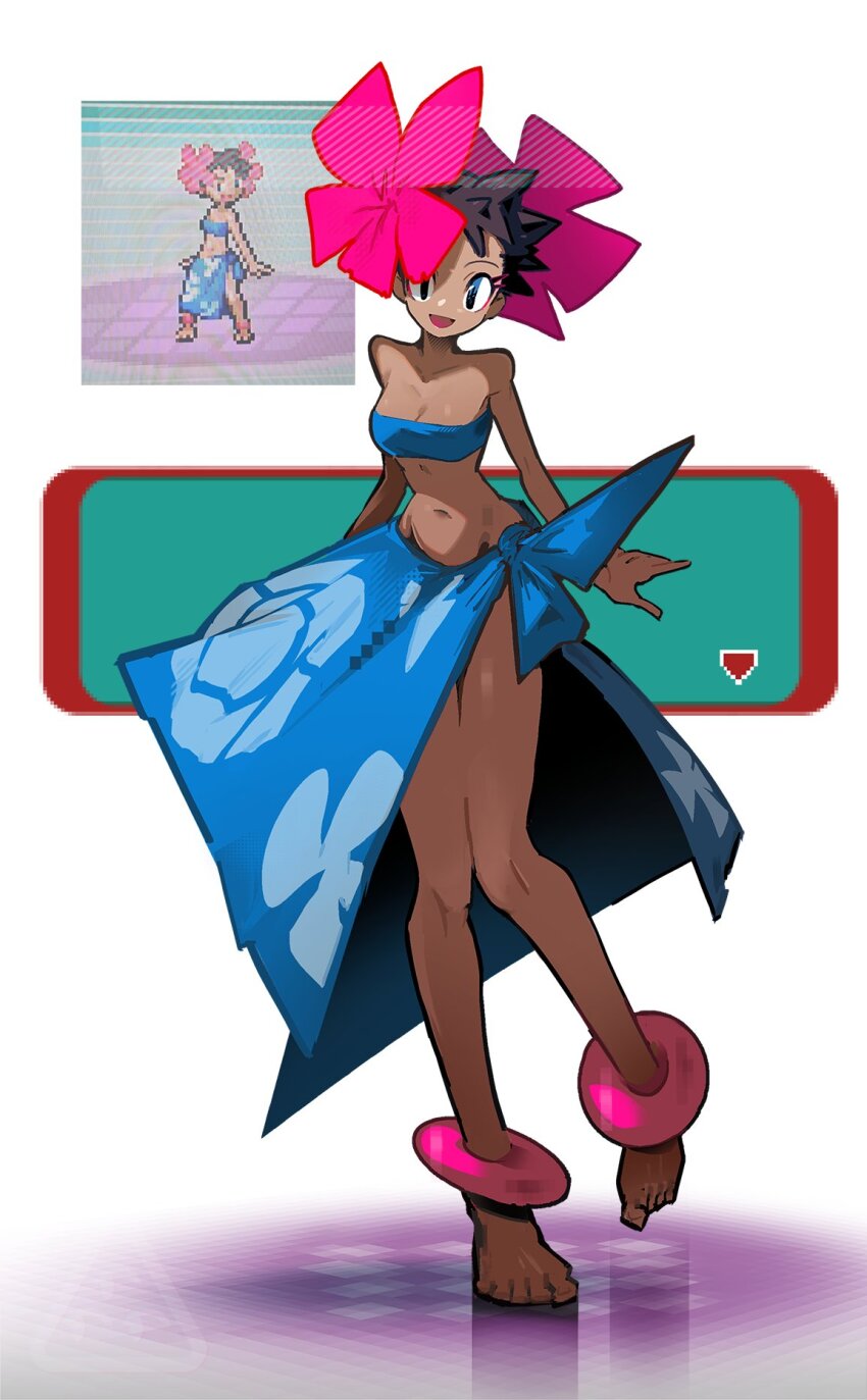 1girl :d bandeau barefoot blue_bandeau blue_eyes blue_sarong breasts brown_hair cleavage clothes_lift commentary dark-skinned_female dark_skin eyelashes feet full_body highres leaning_forward looking_at_viewer medium_breasts navel nintendo open_mouth phoebe_(pokemon) pokemon pokemon_rse print_sarong sarong sarong_lift scene_reference shakeeeeeeeee short_hair simple_background smile solo standing thighs toes white_background
